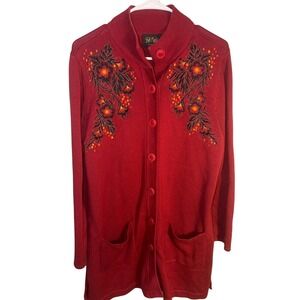 Bob Mackie Wearable Art Red Floral Embroidered Beaded Cardigan Sweater Womens M